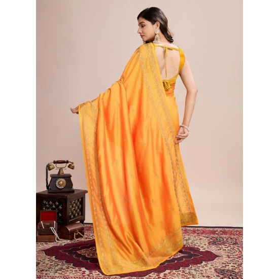 Generic Women's Vichitra Silk Embroidery Work Saree With Unstitched Blouse 5.5Mtr (Mustard)