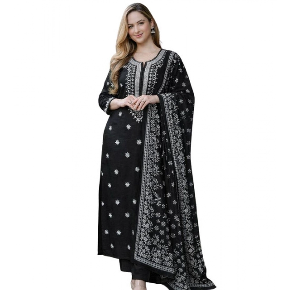 Generic Women's Chanderi Silk Ethnic Motif Round 3/4th Sleeve Kurti With Pant Dupatta Set (Black)