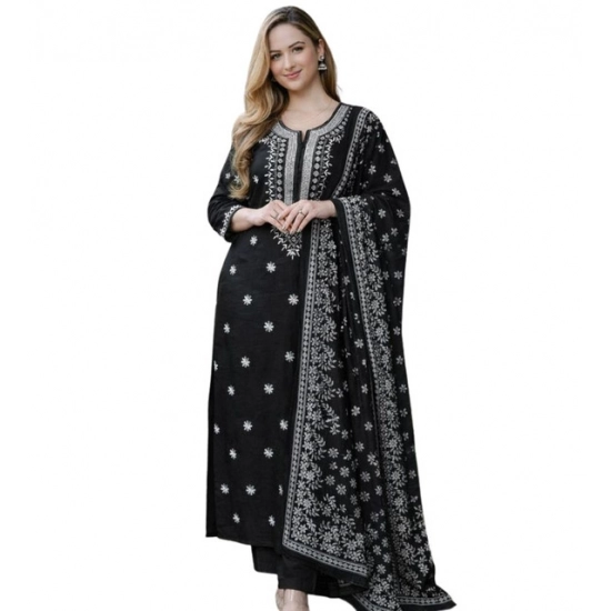 Generic Women's Chanderi Silk Ethnic Motif Round 3/4th Sleeve Kurti With Pant Dupatta Set (Black) Generic Women's Chanderi Silk Ethnic Motif Round 3/4th Sleeve Kurti With Pant Dupatta Set (Black)