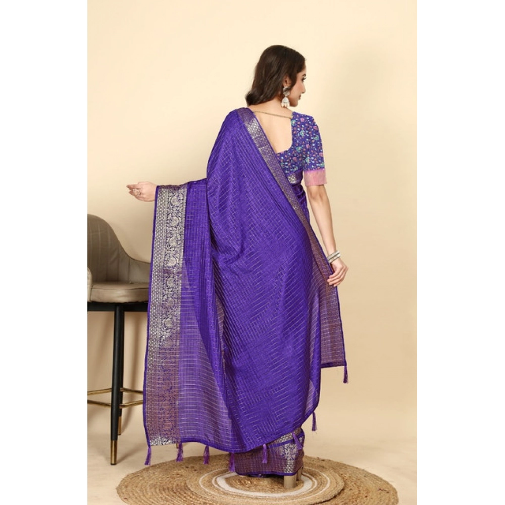 Generic Women's Cotton Blend Checkered Saree With Unstitched Blouse 5.5Mtr (Royal Blue)