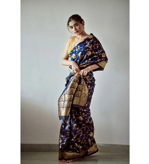 Generic Women's Soft Litchi Silk Jacquard Work Saree With Unstitched Blouse 5.5Mtr (Blue) Generic Women's Soft Litchi Silk Jacquard Work Saree With Unstitched Blouse 5.5Mtr (Blue)