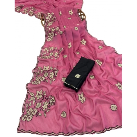 Generic Women's Viscose Silk Embroidered Saree With Unstitched Blouse 5.5Mtr (Pink)