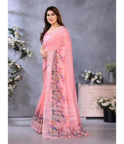 Generic Women's Linen Cotton  Printed Saree With Unstitched Blouse 5.5Mtr (Peach)