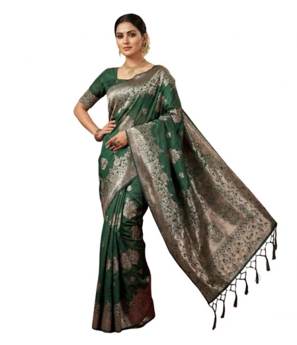 Generic Women's Silk Blend Printed Saree With Unstitched Blouse 5.5Mtr (Dark Green)