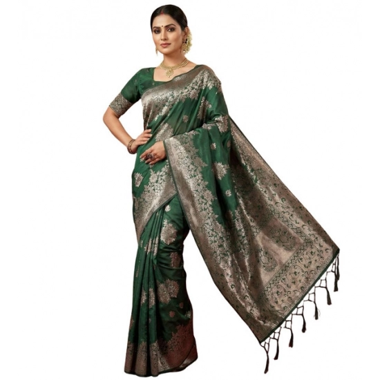 Generic Women's Silk Blend Printed Saree With Unstitched Blouse 5.5Mtr (Dark Green)