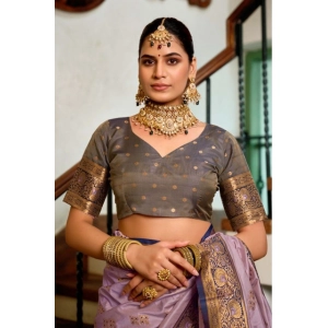 Generic Women's Silk Blend Booti Work Ready to wear Saree With Unstitched Blouse 5.5Mtr (Lavender)