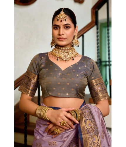 Generic Women's Silk Blend Booti Work Ready to wear Saree With Unstitched Blouse 5.5Mtr (Lavender)
