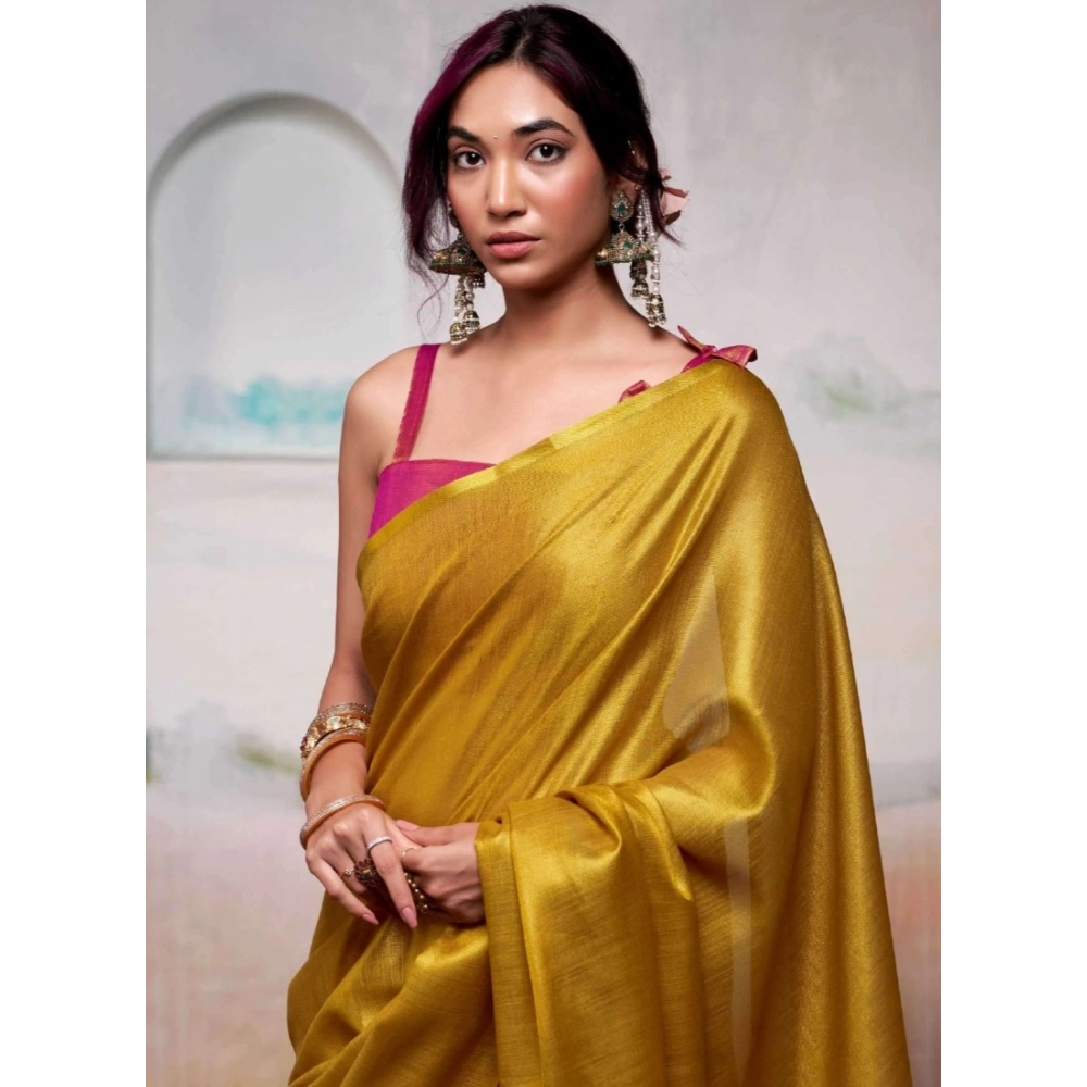 Generic Women's Tissue Silk Solid Saree With Unstitched Blouse 5.5Mtr (Yellow)