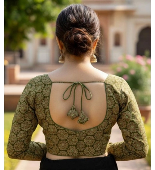 Generic Women's Ajrakh Cotton Halter Neck Padded Blouse (Olive, 38 Ready Size (Self-Alterable 36–40)