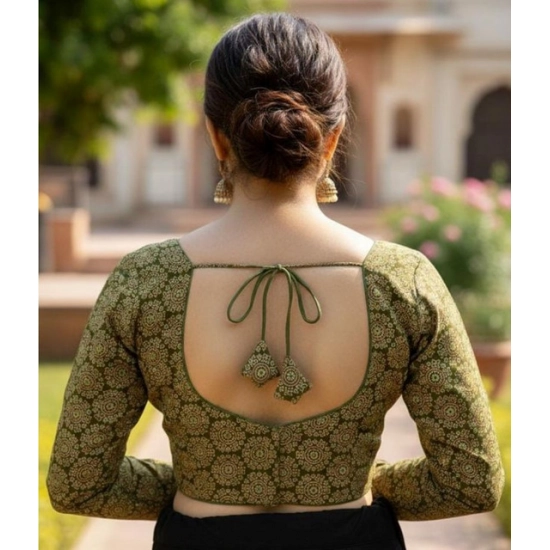 Generic Women's Ajrakh Cotton Halter Neck Padded Blouse (Olive, 38 Ready Size (Self-Alterable 36–40)