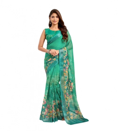 Generic Women's Linen Cotton Printed Ready To Wear Saree With Unstitched Blouse 5.5 Mtr (Green)