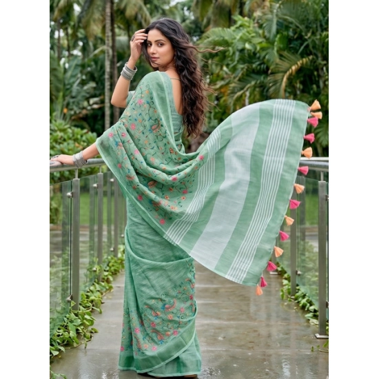 Generic Women's Linen Floral Embroidered Saree With Unstitched Blouse 5.5Mtr (Sea Green) Generic Women's Linen Floral Embroidered Saree With Unstitched Blouse 5.5Mtr (Sea Green)