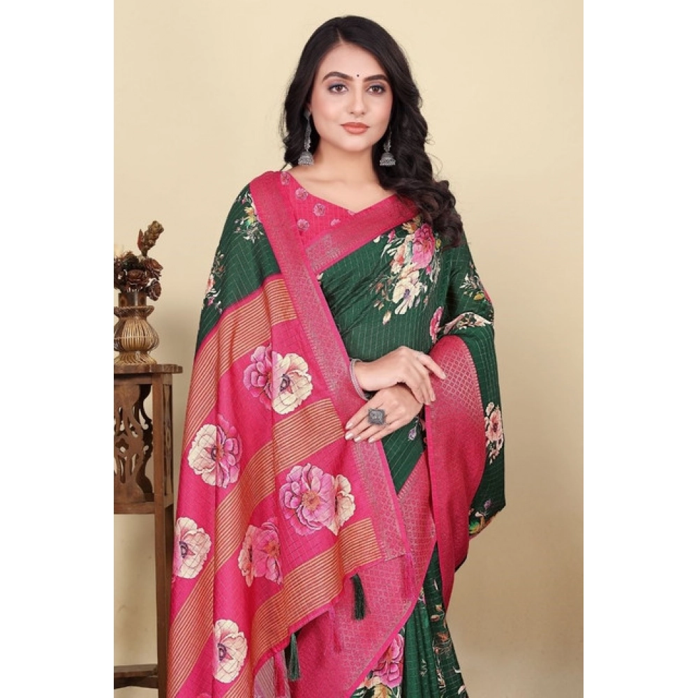 Women’s Cotton Blend Floral Printed Saree With Unstitched Blouse 5.5Mtr (Green)