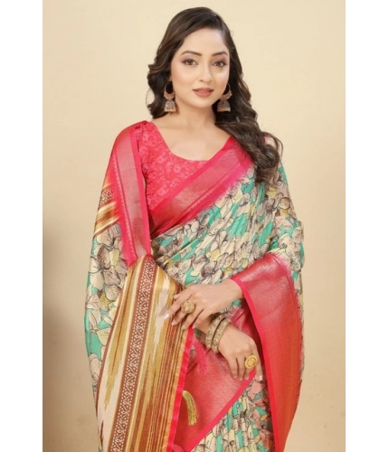 Generic Women's Cotton Silk Floral Printed Saree With Unstitched Blouse 5.5Mtr (Multicolor)
