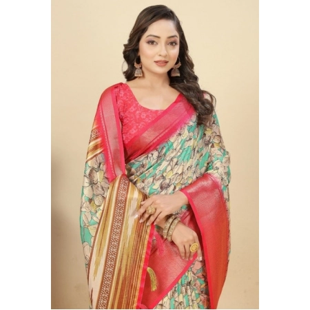 Generic Women's Cotton Silk Floral Printed Saree With Unstitched Blouse 5.5Mtr (Multicolor)