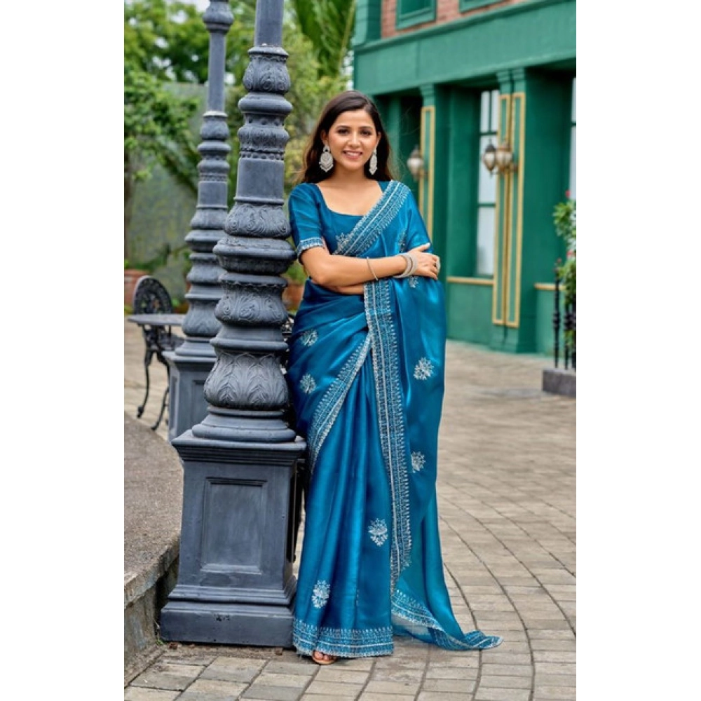 Generic Women's Faux Shimmer Motif Ready to wear Saree With Unstitched Blouse 5.5Mtr (Blue) Generic Women's Faux Shimmer Motif Ready to wear Saree With Unstitched Blouse 5.5Mtr (Blue)