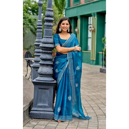 Generic Women's Faux Shimmer Motif Ready to wear Saree With Unstitched Blouse 5.5Mtr (Blue) Generic Women's Faux Shimmer Motif Ready to wear Saree With Unstitched Blouse 5.5Mtr (Blue)