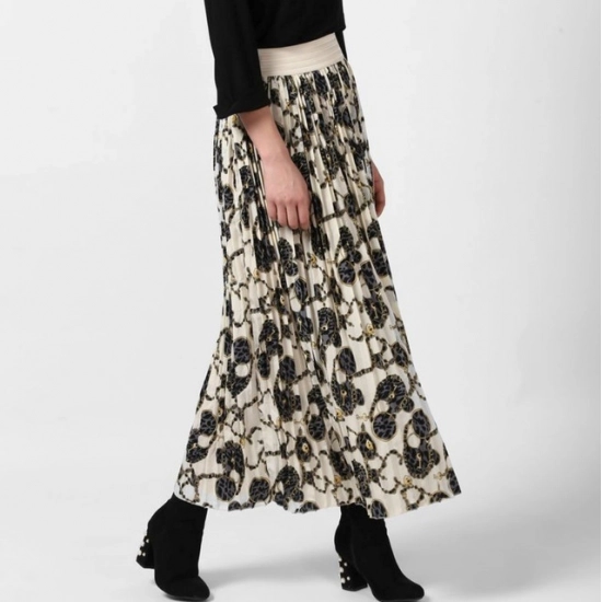 Generic Women's Georgette Chain Print Elasticated Skirt (Cream-Black) Generic Women's Georgette Chain Print Elasticated Skirt (Cream-Black)