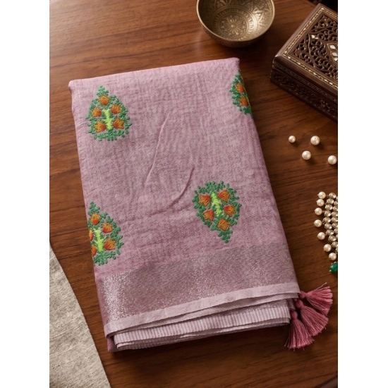 Generic Women's Linen Embroidered Saree With Unstitched Blouse 5.5Mtr (Light Purple) Generic Women's Linen Embroidered Saree With Unstitched Blouse 5.5Mtr (Light Purple)