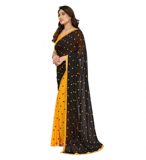 Generic Women's Georgette Printed Saree With Unstitched Blouse 5.5Mtr (Black-Yellow)