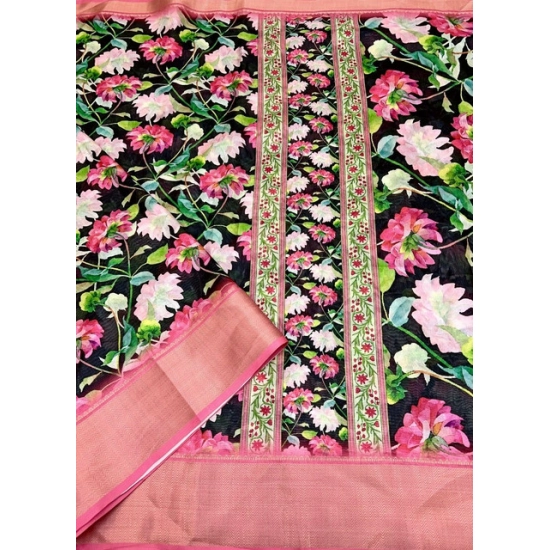 Generic Women's Cotton Silk Floral Printed Saree With Unstitched Blouse 5.5Mtr (Black)
