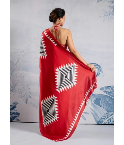Generic Women's Satin Crepe Printed Saree With Unstitched Blouse 5.5Mtr (Red)
