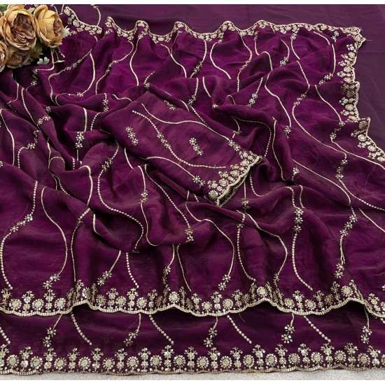 Generic Women's Slik Embellished Saree With Unstitched Blouse 5.5Mtr (Wine)