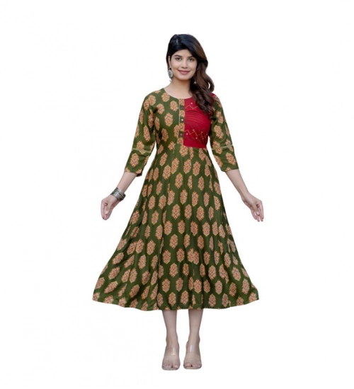 Generic Women's Rayon Print With Embroidery Work A-Line Kurti (Dark Green)