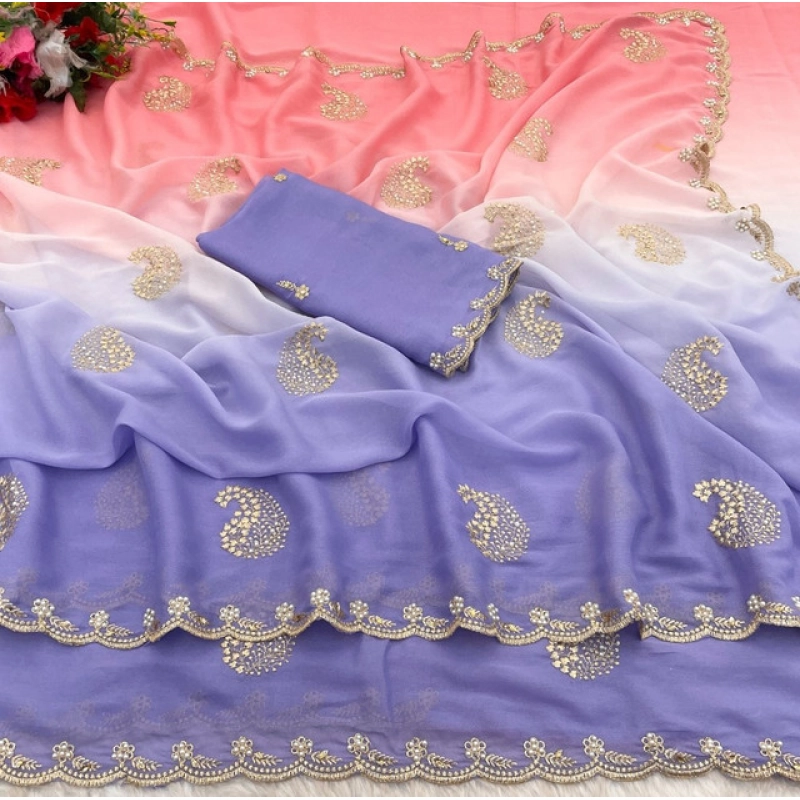 Women's Digital Printed  Geogette Saree With Unstitched Blouse (Purple, 5-6 Mtrs)