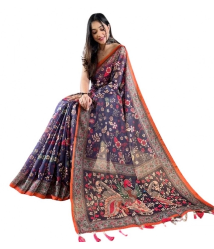 Generic Women's Linen Printed Saree With Unstitched Blouse 5.5Mtr (Blue)