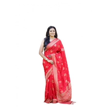 Generic Women's Soft Lichi Silk Printed Saree With Unstitched Blouse 5.5Mtr (Red)
