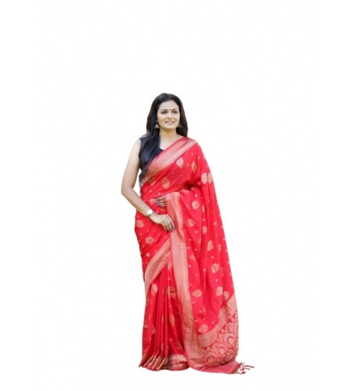 Generic Women's Soft Lichi Silk Printed Saree With Unstitched Blouse 5.5Mtr (Red)