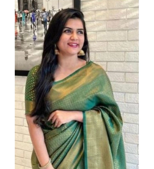 Generic Women's Litchi silk Printed Saree With Unstitched Blouse (Green)