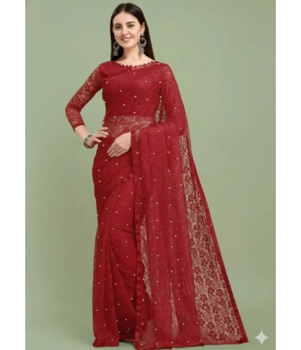Generic Women's Net Self Design Saree With Unstitched Blouse 5.5Mtr (Maroon)