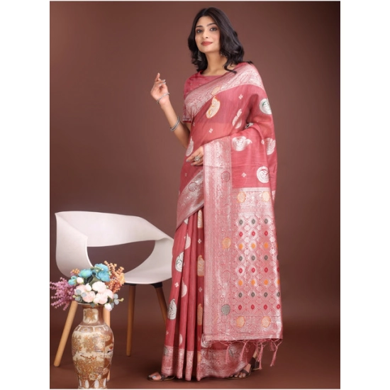 Generic Women's Linen Cotton Printed Saree With Unstitched Blouse 5.5Mtr (Pink)