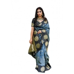 Generic Women's Soft Lichi Silk Printed Saree With Unstitched Blouse 5.5Mtr (Grey)