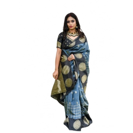 Generic Women's Soft Lichi Silk Printed Saree With Unstitched Blouse 5.5Mtr (Grey)