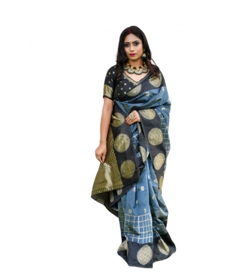 Generic Women's Soft Lichi Silk Printed Saree With Unstitched Blouse 5.5Mtr (Grey)