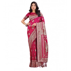 Generic Women's Silk Printed Saree With Unstitched Blouse 5.5Mtr (Magenta)