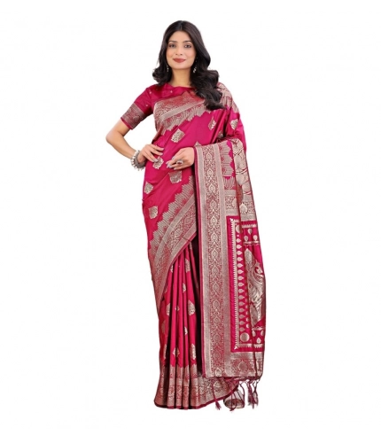 Generic Women's Silk Printed Saree With Unstitched Blouse 5.5Mtr (Magenta)