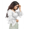 Generic Women's Organza Solid V Neck Layered Ruffle Sleeve Readymade Blouse (White Free Size , up to 38–40 Bust)-PID65859