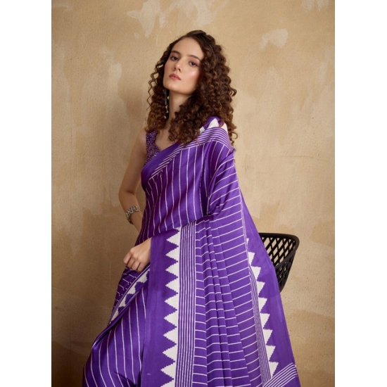 Generic Women's Satin Crepe Printed Saree With Unstitched Blouse 5.5Mtr (Lavender)
