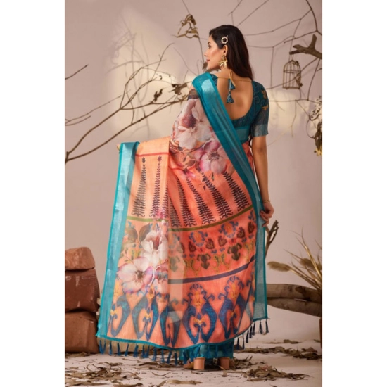 Generic Women's Faux_Linen Printed Saree With Unstitched Blouse 5.5Mtr (Peach)