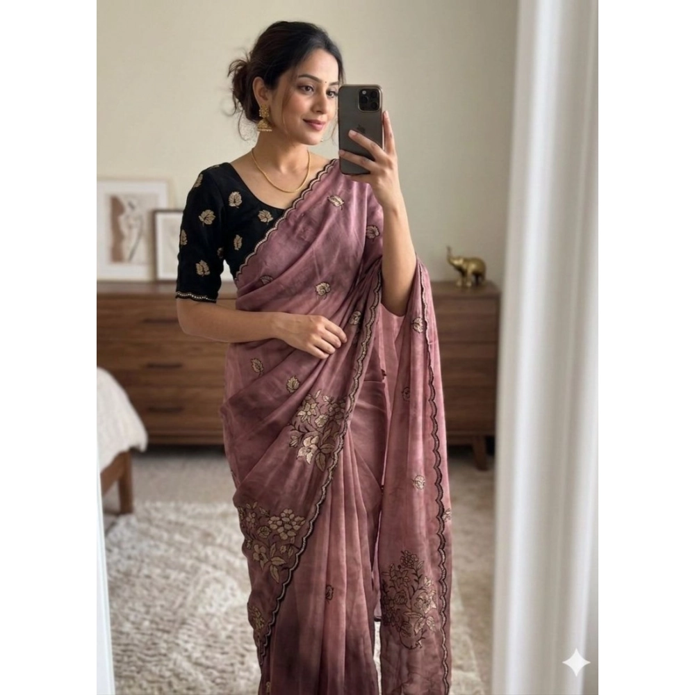 Generic Women's Viscose Silk Embroidered Saree With Unstitched Blouse 5.5Mtr (Pink)