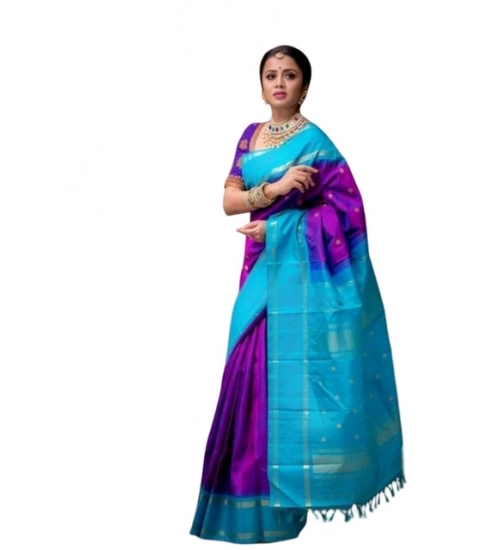 Generic Women's Soft Litchi Silk Jacquard Work Saree With Unstitched Blouse 5.5Mtr (Purple)