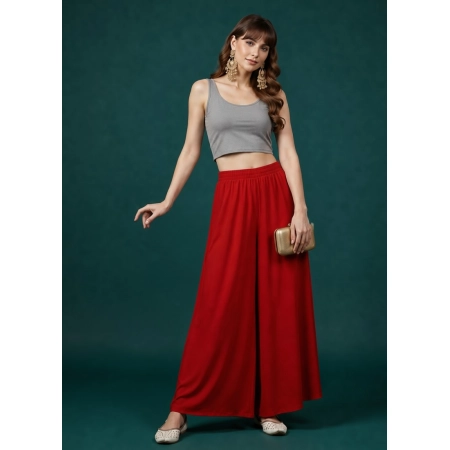 Generic Women's Georgette Solid Mid-Rise Wide Leg Flared Palazzo Pants with Elastic Waist (Red)