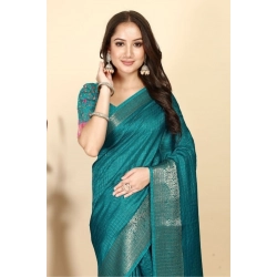Generic Women's Cotton Blend Checkered Saree With Unstitched Blouse 5.5Mtr (Rama)