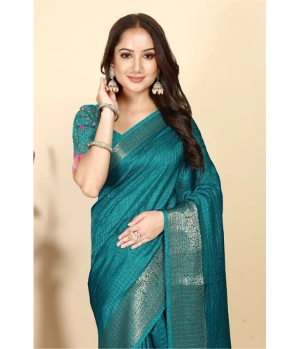 Generic Women's Cotton Blend Checkered Saree With Unstitched Blouse 5.5Mtr (Rama)