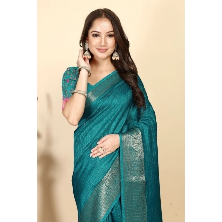 Generic Women's Cotton Blend Checkered Saree With Unstitched Blouse 5.5Mtr (Rama)
