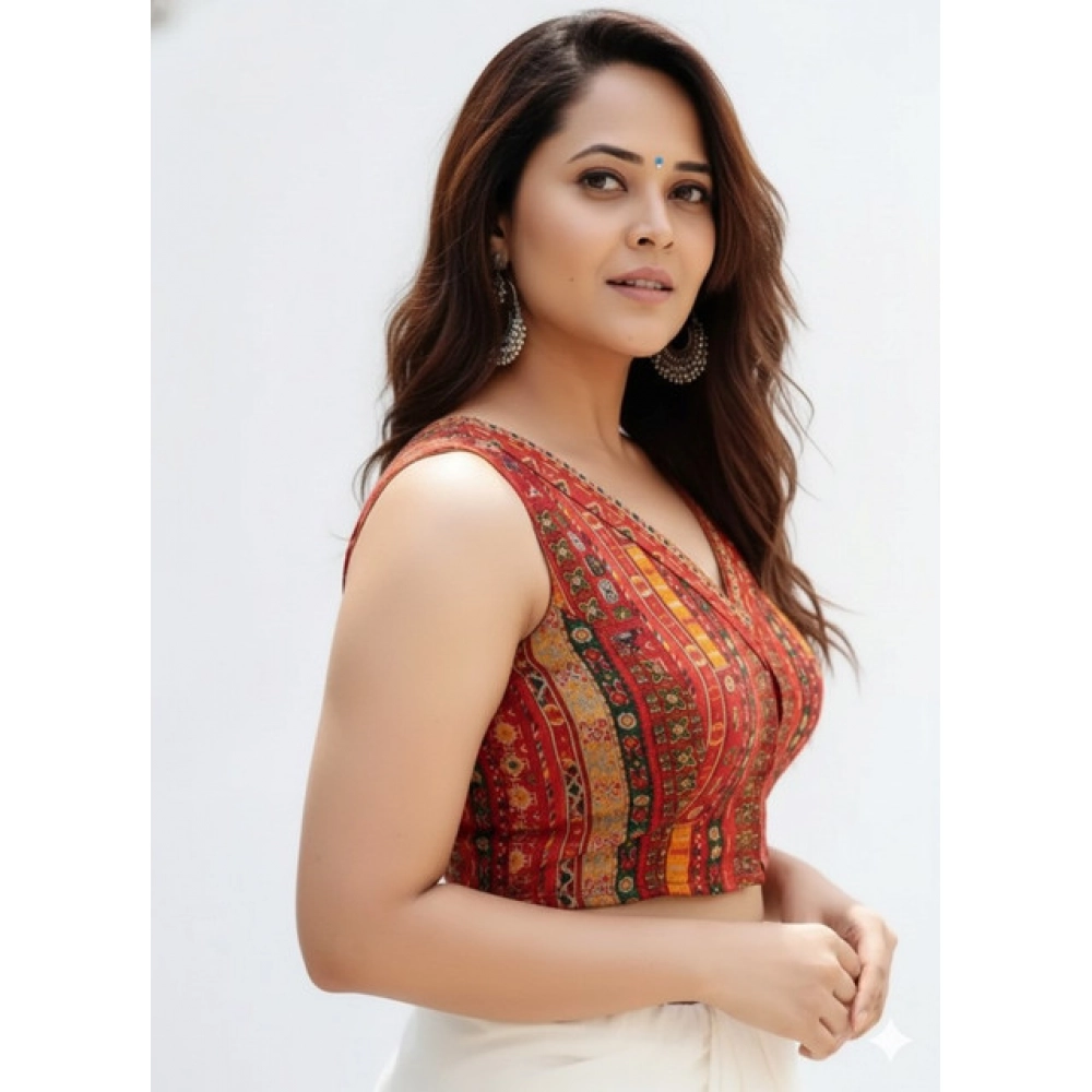 Generic Women's Cambric Cotton V Neck Padded Blouse (Red, 38 Ready Size (Self-Alterable 36–40)